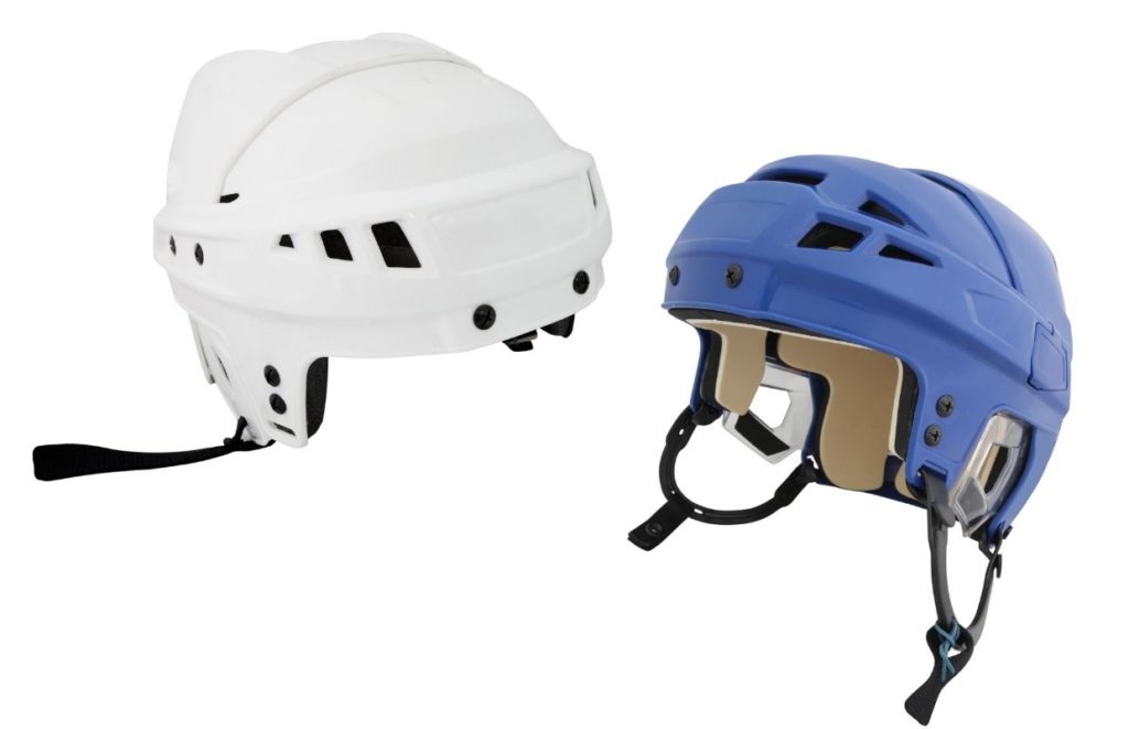 Two ice hockey helmets